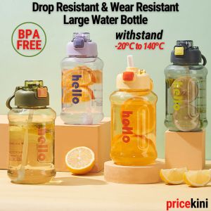 Water Bottle with Straw | Botol Air dengan Straw BPA Free PC | One-Push Open Pop-Up Flap Lid | Heat Resistant Leak Proof School Sports Office Bottle with Handle and Water Scale | PriceKini