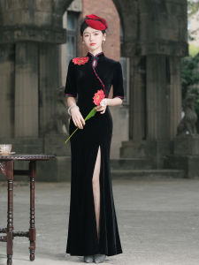 Elegant Long Velvet Qipao Dress with Water Drop Collar High Slit Young Stylish Chinese Style Traditional Cheongsam Evening Gown