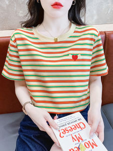 Summer Cotton Striped Short Sleeve T-Shirt Womens round Neck Elegant Beautiful Shirt Shoulder Appropriate Clothing