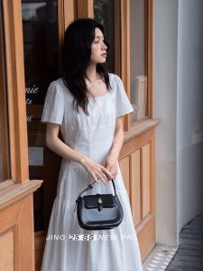 French Style White Square Collar Slimming Short Sleeve Dress Womens Mid-Length A-Line Skirt Cotton Lyocell Nylon Summer Dress
