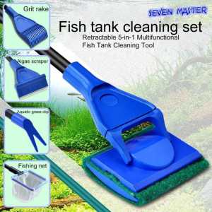 Seven Master 5In1 Aquarium Tank Cleaning Tool Set Aquarium Algae Vacuum Clean Gravel Brush Fishnet Gravel Rake Algae Scraper Fork