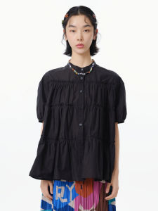 Moveup Summer 2025 Short Shirt Womens Fun Series Small Stand Collar Cuffed Sleeve Pleated Cotton Blend Casual Business Shirt