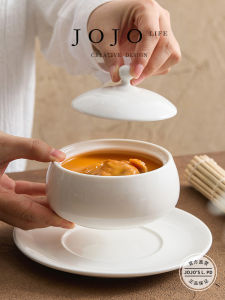 Small Ceramic Soup Bowl with Lid for Home Use JOJOS L. PD.Thread Line Embroidery Buddha Jump Wall Soup Bowl Chinese Style Porcelain Bowl