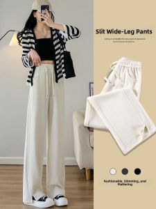 YAMIANNV | Quần ống rộng xếp ly dệt kim màu trắng cạp cao cho nữ quần dài thường ngày dáng rộng dài đến sàn quần dài cho nữ