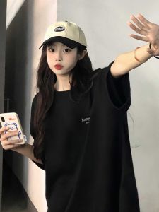 American Style Black Short Sleeve T-Shirt Casual Loose Fit Cotton Summer Top for Teen Girls And Boys