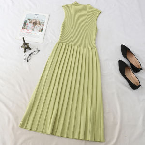 Korean dress brand  temperament semi high neck A-line sleeveless pullover knitted dress