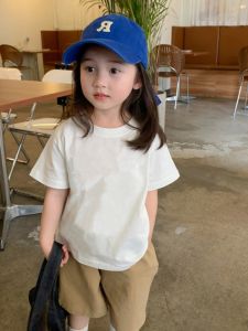 Childrens Cotton T-Shirt Short Sleeve Half Sleeve Thin Summer Clothes White Top for Boys And Girls Pure Color Korean Style Loose Fit