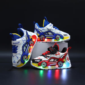 Mgo Kidss Spring and Autumn New Childrens Car-Shaped Boys Sports Shoes Cartoon Light-Up Shoes for Boys Glowing Running Shoes for Children Aged 1-3-6 Led Light-Up Shoes Thin Style Boys Shoes Light-Up Sports Shoes Christmas/Halloween Gift