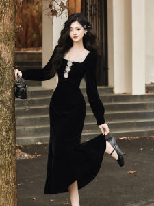 French Hebe Style Birthday Party Black Long Dress Autumn Dress High Waist Silk Material A-Line Skirt Elegant Sensation Gown