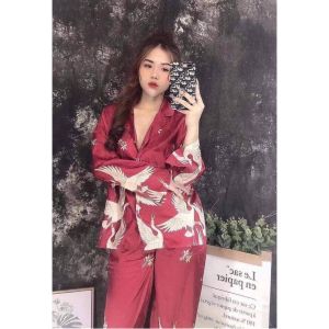 Pijama lụa mango chim hạc đen đỏ tay dài quần dài - Bộ lụa mặc nhà chất mát