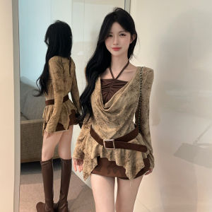 GUZILIAN | Retro Dye-Effect Two-Piece Drop Shoulder Long Sleeve T-Shirt