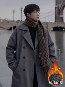 เสื้อโค้ทขนสัตว์หนาสำหรับผู้ชายในฤดูหนาว เสื้อคลุมกันหนาวแบบยาวปานกลาง ปกสูท กระดุมสองแถว แฟชั่น INS เสื้อคลุมกันหนาว