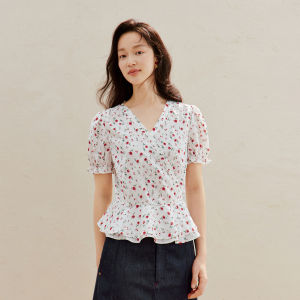 INMAN | French Floral V-Neck Belted Fitted Blouse