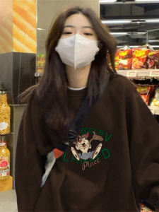 เสื้อสเวตเตอร์คอกลมแขนยาวทรงหลวมสีน้ำตาลสำหรับผู้หญิง สไตล์เกาหลี แฟชั่นฤดูใบไม้ร่วง/ฤดูหนาว ปกโปโล แขนยาว ปกโปโล