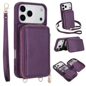 szhaiyu | Lanyard Leather Zipper Wallet Card Slots Phone Case For iPhone 18 17 16 15 14 13 12 11 Pro Max Plus 17Air 16E Crossbody Cover