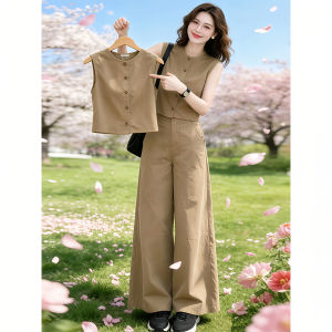 Shalldoer | Retro Hong Kong Style Short Sleeve Top High Waist Wide Leg Pants Summer Set