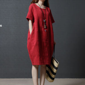 Summer 2025 Loose Large Size Linen A-Line Skirt Women Casual Stylish Midi Dress Short Sleeve Cotton Linen Dress Commute