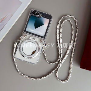 Qirui Transparent Soft Case for Samsung Zflip6 Phone Case Z Flip5 Small Foldable Screen Female Galaxy with Lanyard Silicone Airbag All-Inclusive Crossbody Satchel Drop-Resistant Soft Rubber Bracket Mirror