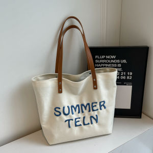 Fashionable Large Capacity Canvas Shoulder Bag for Women Casual Commuter Tote Bag Double Zipper Soft Handbag Korean Style