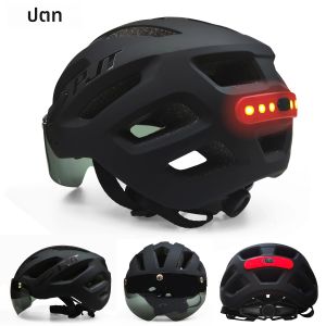 PJT ใหม่ USB ชาร์จไฟ LED ไฟท้ายหมวกกันน็อคจักรยาน Sun Visor Goggle ผู้ชายหมวกกันน็อคจักรยานแว่นตากันแดดขี่ถนน MTB หมวกกันน็อคขี่จักรยาน