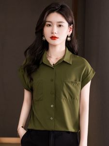 Loose Polo Neck Shirt Womens Short Sleeve Design Sensation Korean Style Summer New Arrival Fashionable Casual Pure Color Blouse
