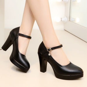 New Women Slip On High Heel Shoes 2024 Summer Korean Style Pointed Toe Thick Block Black Office Shoes For Women On Sale