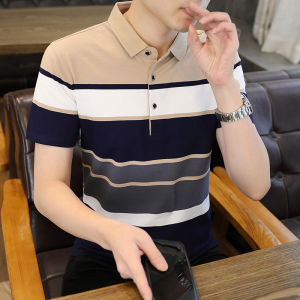 Áo Phông Cộc Tay Cotton Lụa 2023 Áo Polo Kẻ Sọc Cổ Bẻ Cotton Cho Nam Trang Phục Mùa Hè Cho Bố Trung Niên Thường Ngày Thương Vụ Nam T