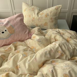Baby Blue Washed Cotton Soft Cute Doggies Four-Piece Bedding Set Dormitory Three-Piece Sheet Set Girls Heart Korean Style