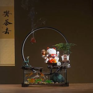 Đài Thưởng Trầm Phun Nước Mèo Thần TàiBể cá thủy sinh kết hợp thác nước phong thủy May Mắn Kèm Đèn Led Cao Cấp Hàng Loại I