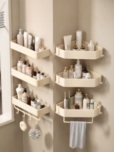 Bathroom Wall Mounted Triangle Storage Rack No Drilling Required Cream Style Toilet Organizer for Personal Care Supplies
