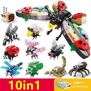 Bandai | Cute Animals Building Blocks Kit 10in1 Fox Koala Dog Insect Turtle Dinosaur Ostrich Goldfish Fish Tank Bird Model Toy Children