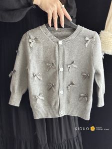 Girls Knitted Open Cardigan Sweet Butterfly Knot Design Sweater Jacket 2024 Style Korean Version Long Sleeve round Neck