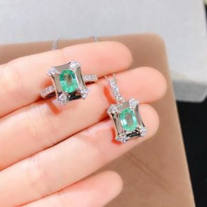 Montagne Jewelry 925 Silver Necklace for Women Elegant Design 4 Fine Jewellery Natural 5x7mm Emerald Pendant Adjustable Size Ring