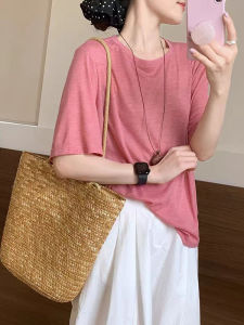 YUEZHONGWEI | Áo thun tay ngắn bằng lụa băng màu hồng cổ tròn dáng rộng mùa hè mỏng cho nữ Áo thun cotton thường ngày thường ngày