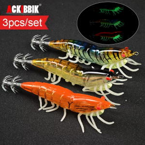 Ackibbik 3pcs Luminous Squid Jig Lure 4.7inch/0.7oz Squid Jigs Sea Fishing Lure Set Glow Prawn Shrimp Bait Hooks Wood Shrimp