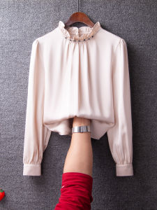White Chiffon Shirt Womens Spring Fashion 2023 Stand Collar Earlet Base Shirt Versatile Top Sweet Ladylike Blouse