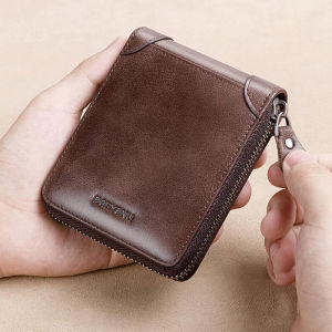 BANYANU Dompet Lelaki Kulit Original Men Wallet Cow Genuine Leather Small Zipper Purse Anti RFID Card Holder Wallets for Men Gifts Black Brown Color