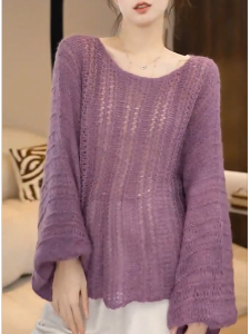QINGNAER | Purple Gentle Loose Knitwear with Bell Sleeves Slimming