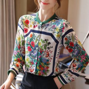 Fashionable Floral Retro National Style Chiffon Shirt New Arrival Womens Elegant Slim-Fit Long Sleeves Floral Stand Collar Shirt