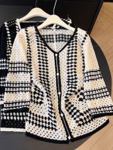 AIYITI | Elegant Hollow Out Knitted Jacket Womens Plus Size Beautiful Long Sleeve Sweater Top For Autumn Season Soft V-Neck Regular Fit
