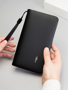 Real Cowhide Leather Mens Handbag Long Wallet Multi-layer Mobile Phone Bag Zipper Money Clip Business OL Style Soft Square Shape