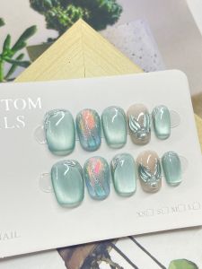 Handmade Wearable Nail Art Mint Short Stair White Enhancing Fish Tail 3D Drawing Nail Stickers New 2025 Fashion Beauty Tools