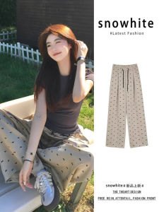 กางเกงขายาวทรงหลวมเอวยางยืดผ้าไหมน้ำแข็งพิมพ์ลายฤดูร้อนสำหรับผู้หญิง กางเกงขายาวทรงตรงเอวสูง ทรงหลวม กางเกงขายาวลำลอง