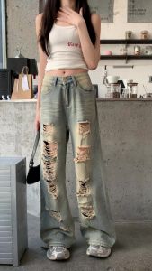Spring Autumn Korean High Street Blue Denim High Waist Loose Wide Leg Trousers Womens Retro Fashion Holiday Versatile Jeans