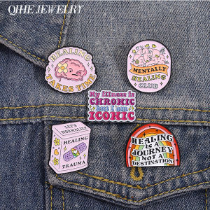 Healing Is A Journey Not A Destination Enamel Pins Healing Takes Time Rainbow Brain Band-aid Brooch Lapel Badges Jewelry Gift