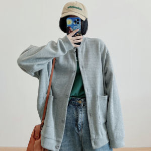 Gray Button-Up Cardigan Sweatshirt Womens Loose Casual Long Sleeve Baseball Jacket Trendy Korean Style Autumn Collection