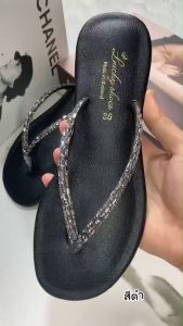 รองเท้าแฟชั่น รองเท้าแตะผู้หญิง แบบหูคีบ สายเพชร ผ้าวิ่ง พื้นนุ่ม แบรนด์ Lucky shoes แบบใหม่มาแรง