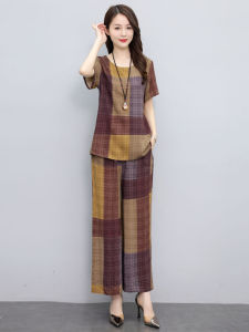 Bộ Đồ Hai Mảnh Mùa Hè Cho Mẹ Thanh Lịch Áo Tay Ngắn Thường Ngày Vải Lanh Viscose Dáng Rộng Dài Đến Giữa Bắp Chân Họa Tiết Hoa