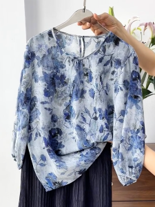 QINGNAER | Unique Print Loose Fitting Long Sleeve Womens Shirt