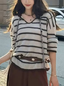 QINGNAER | New Oversized Korean Leisure Style Loose Fashion Stripe V-Neck Long Sleeve Knitwear